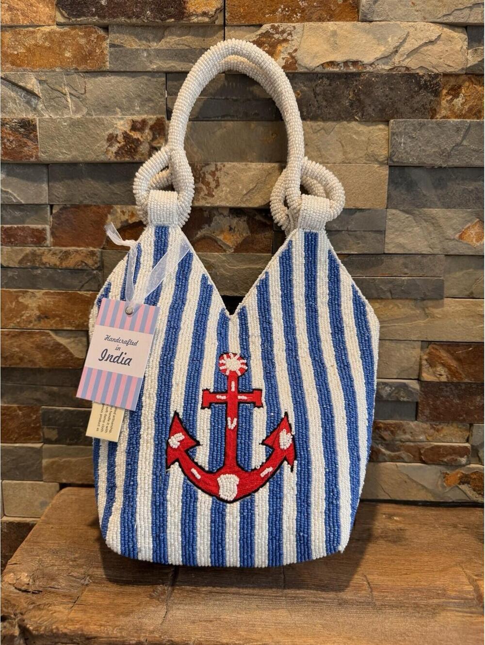 Viral Beautiful India Made Beaded Anchor Blue White Stripe Coastal Purse Bag NEW